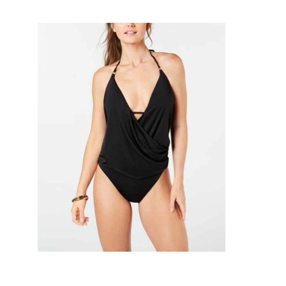 Bar III Womens Draped-Front Halter One-Piece Swimsuit Black Size XS New